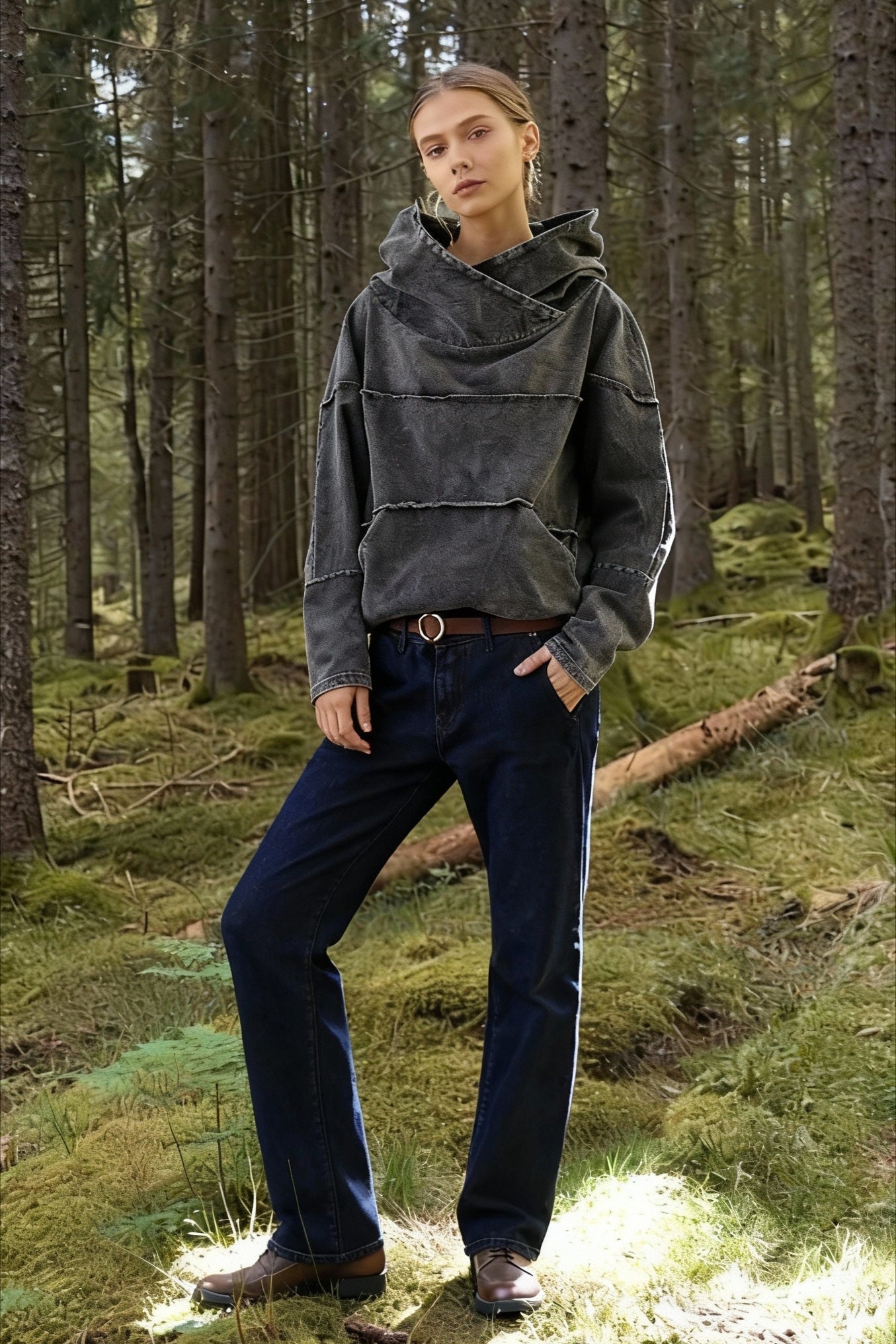Hooded Effect Color Denim Washed Solid Sweatshirt Secondary image