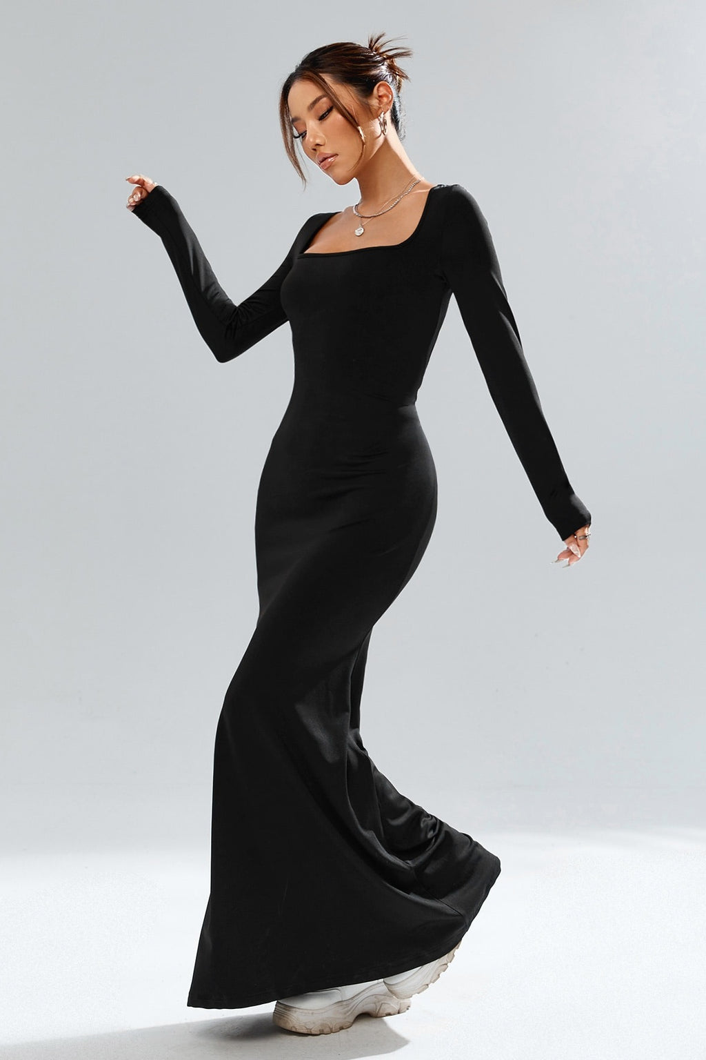 Square Neck Long Sleeve Waist Cinched Work Dress
