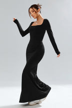 Square Neck Long Sleeve Waist Cinched Work Dress
