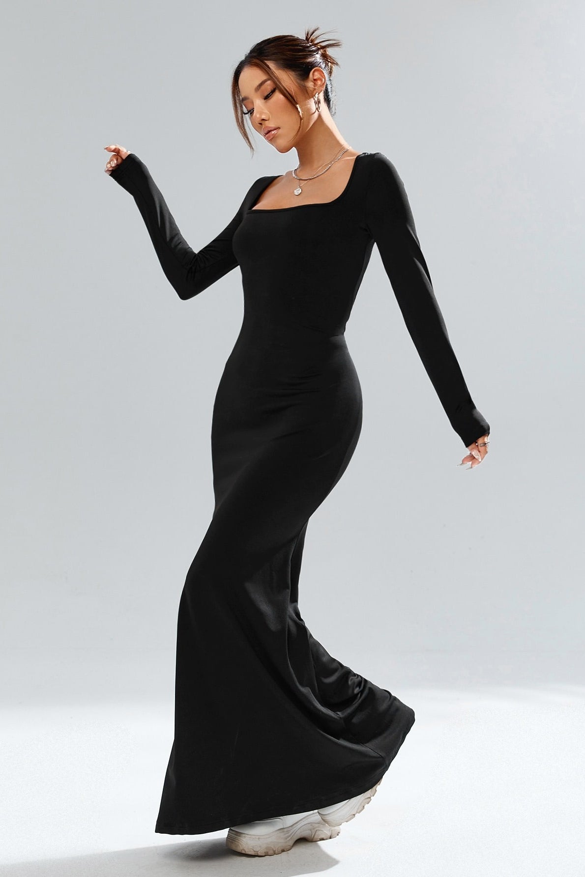 Square Neck Long Sleeve Waist Cinched Work Dress