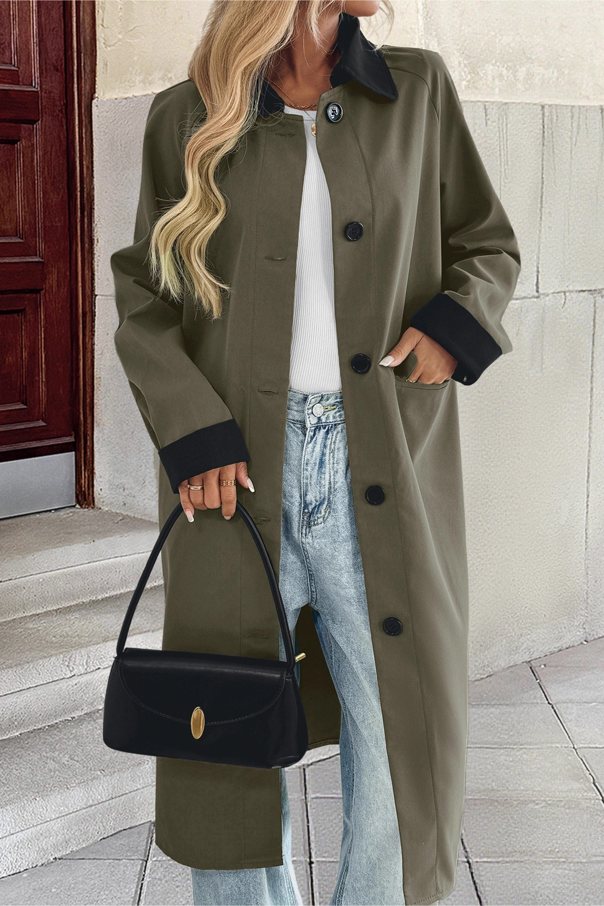 Lapel Color Block Single Breasted Long Office Casual Overcoat Main image
