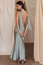 Solid Deep V Halter Backless Fitted Dress