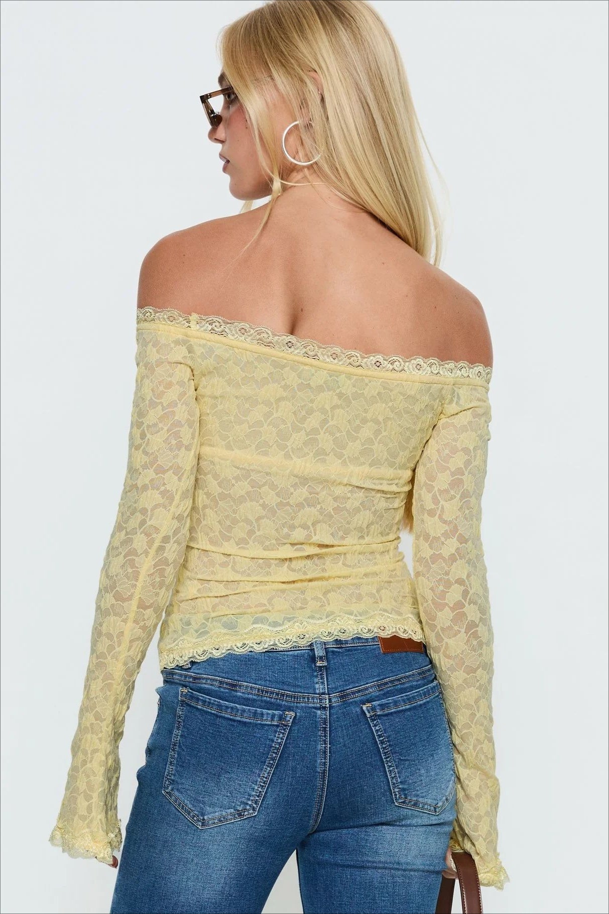Sheer Lace Off-Shoulder Long Sleeve Crop Top