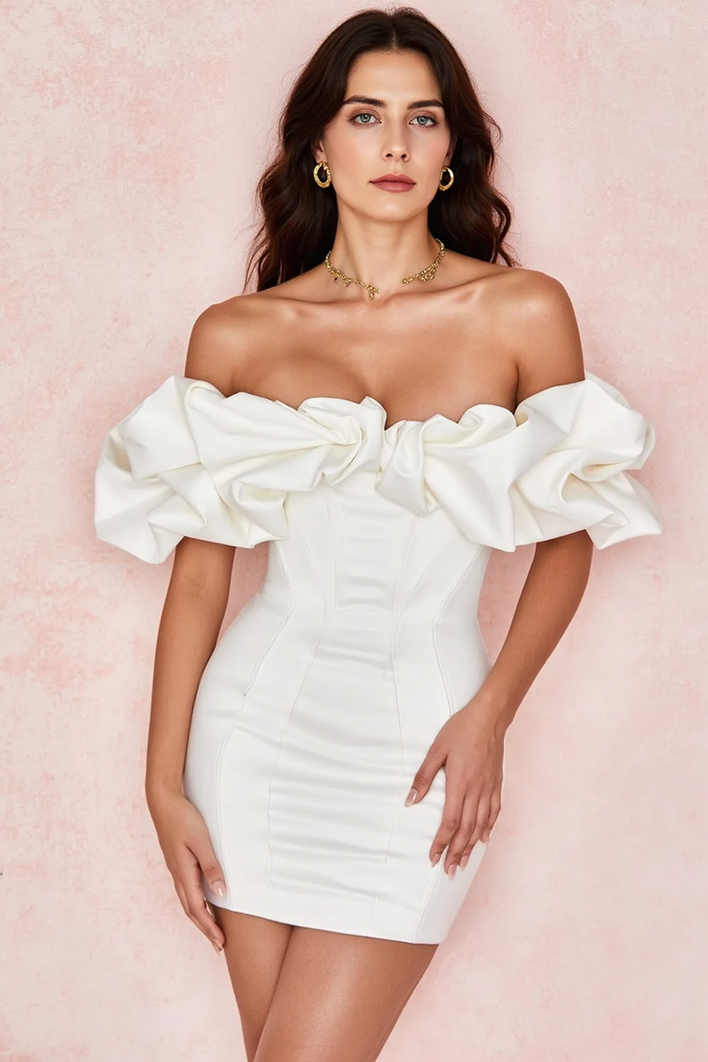 Chic Boned Ruffled Strapless One Shoulder Bodycon Party Dress Main image