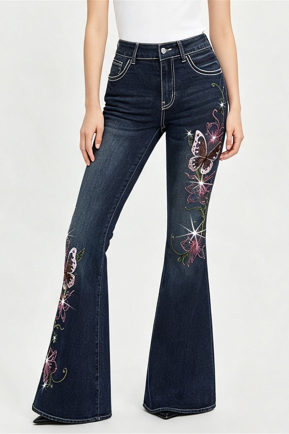 Butterfly Embroidered Stretch Slim Flare Jeans Main image