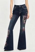 Butterfly Embroidered Stretch Slim Flare Jeans
