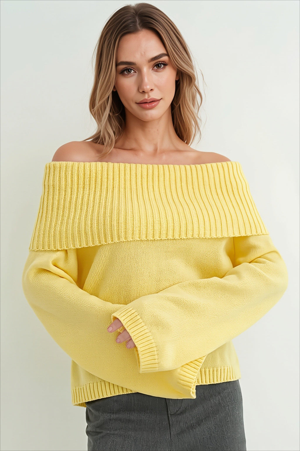 Foldover Off Shoulder Relaxed Pullover Knit Sweater