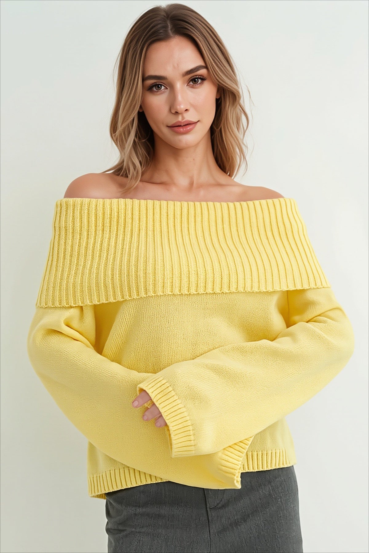 Foldover Off Shoulder Relaxed Pullover Knit Sweater