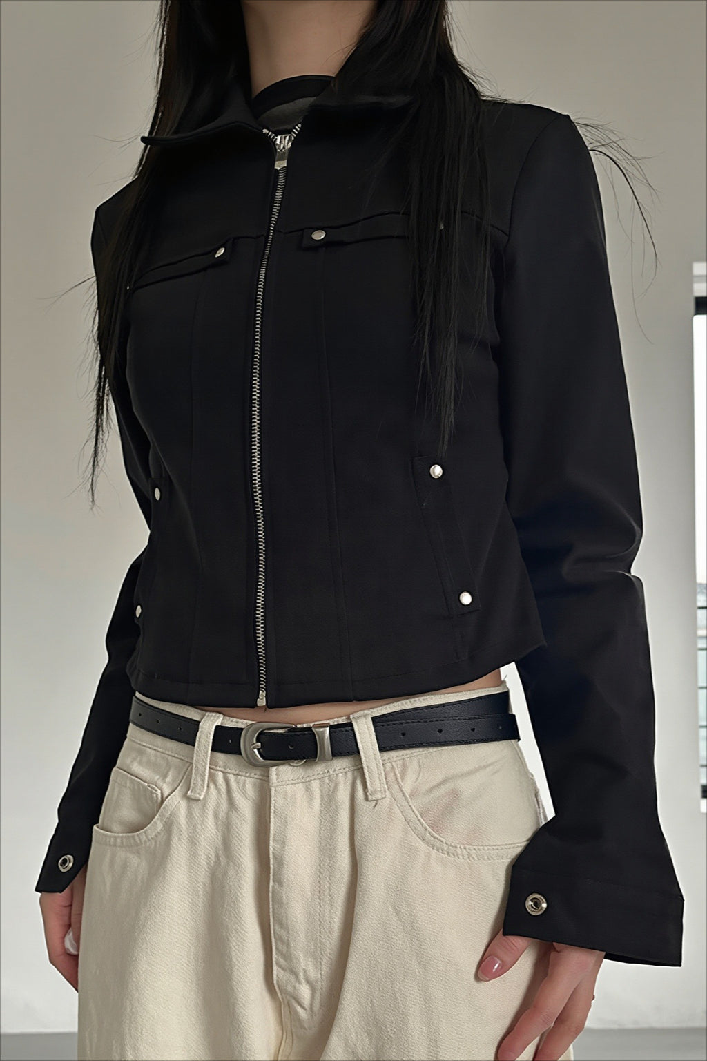 Studded Pocket Fitted Collared Zip Jacket