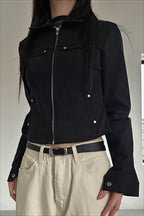 Studded Pocket Fitted Collared Zip Jacket