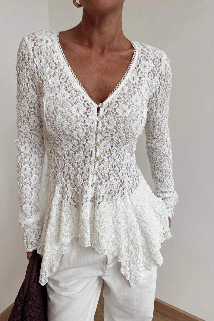 Lace Button Front Slim Elegant Versatile Long Sleeve Blouse Main image