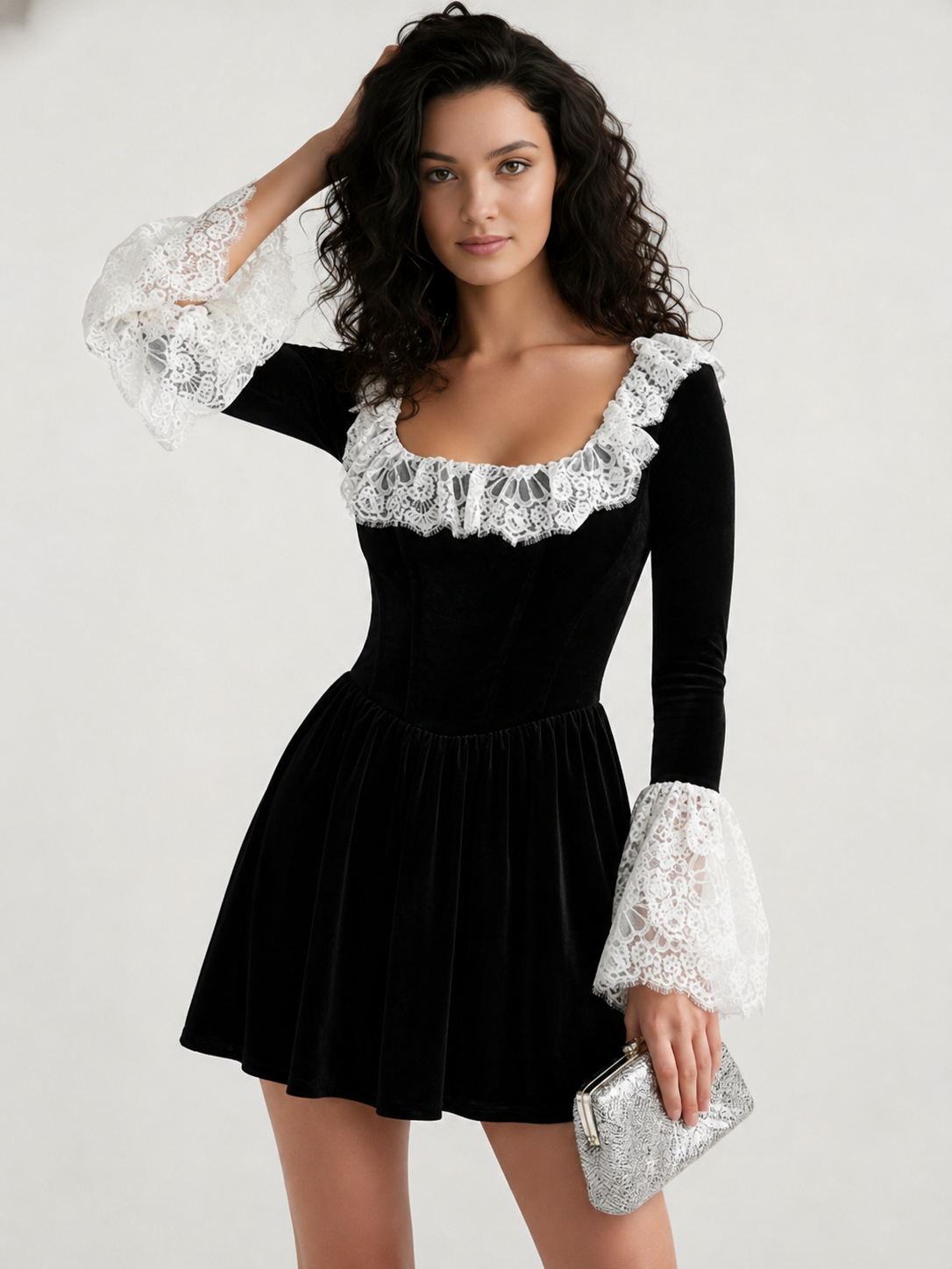 Sexy Square Neck Lace Trim Flared Sleeve Mini Dress Secondary image