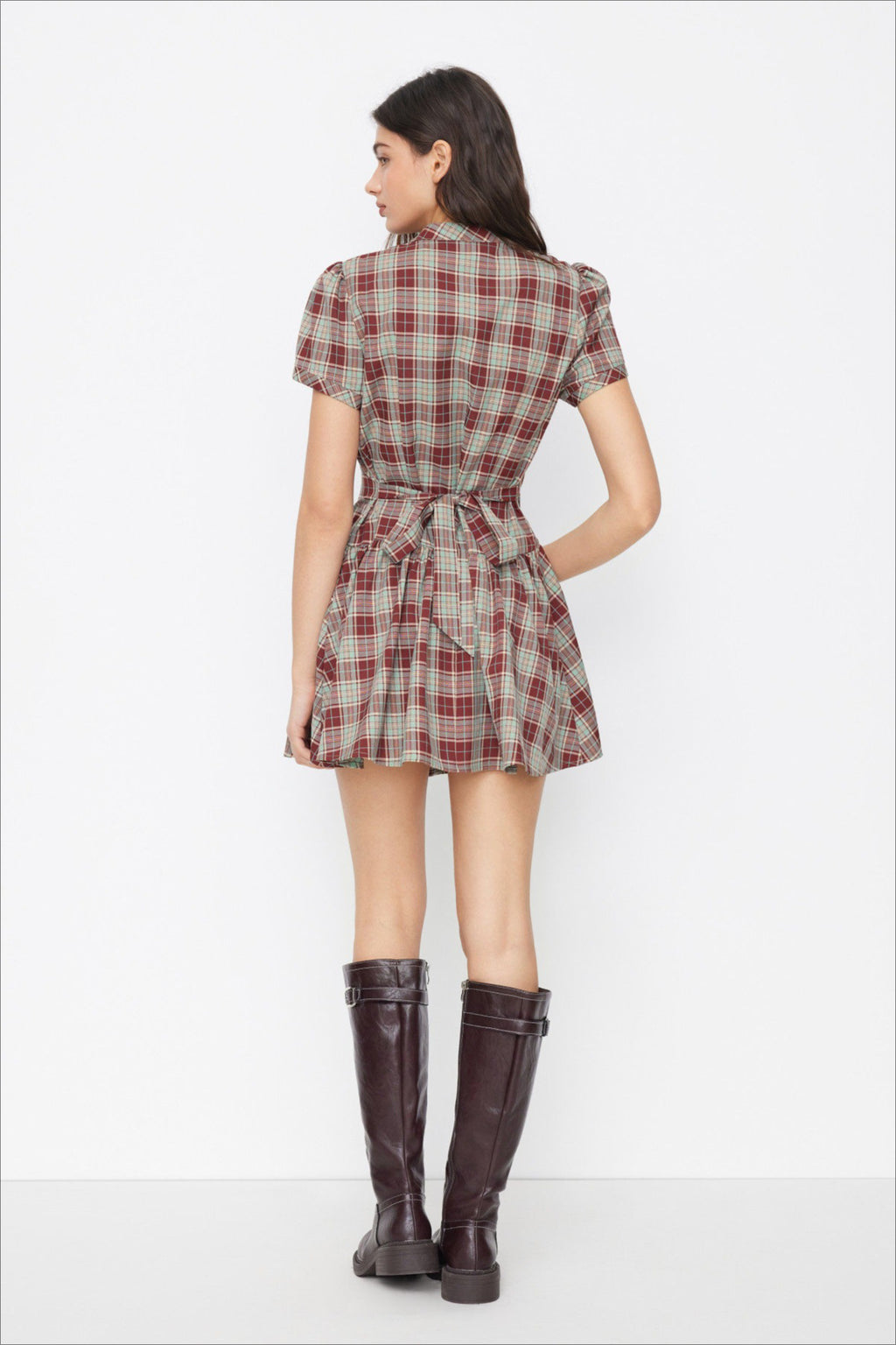 Plaid Mock Neck Pleated Mini Dress