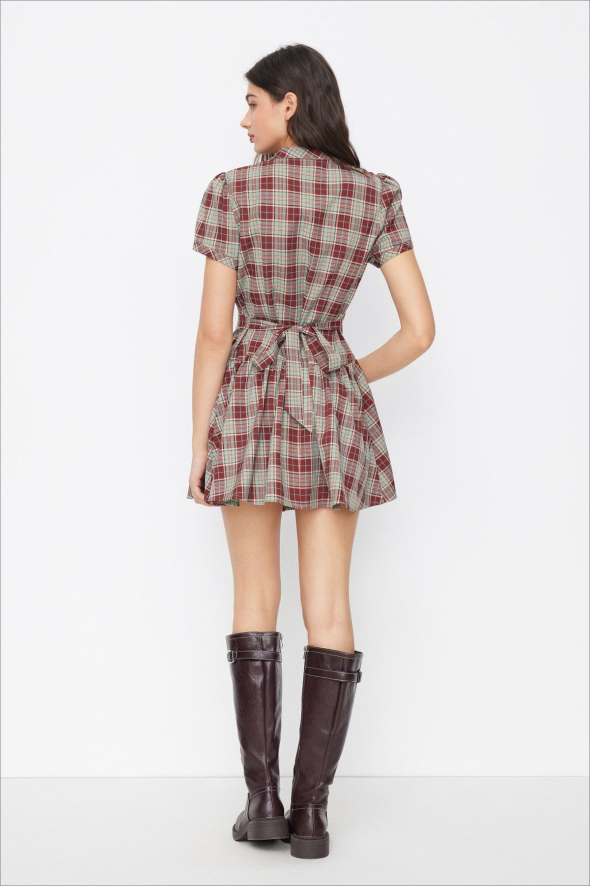 Plaid Mock Neck Pleated Mini Dress
