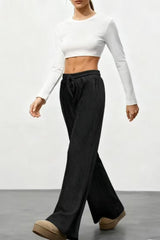 Ribbed Drawstring High Waist Straight Leg Casual Pants