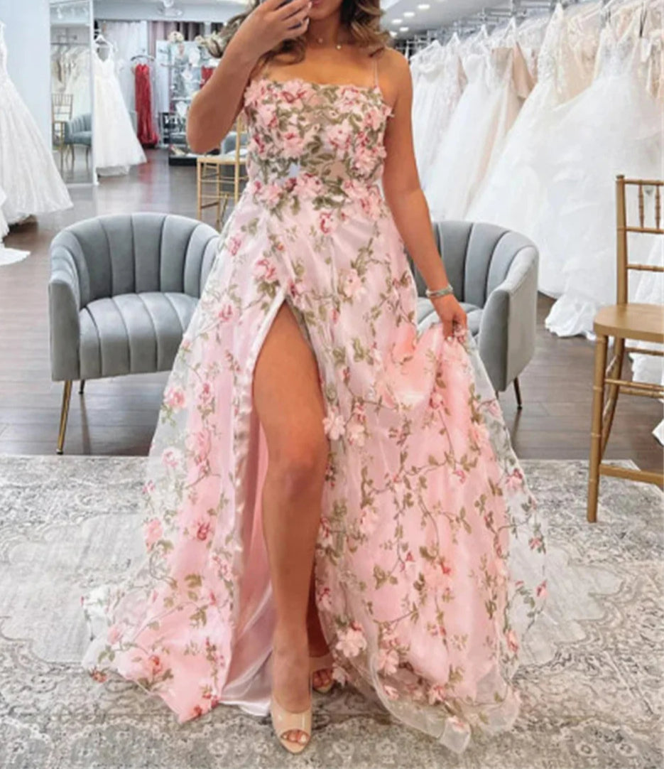 Pink Lace Split Prom Dress Main image