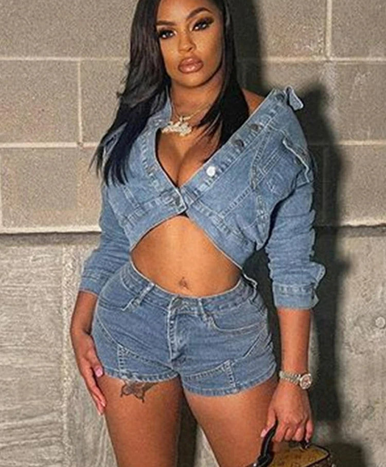 Denim Hipster Crop Button Pocket Jacket Two Piece Shorts Set Main image