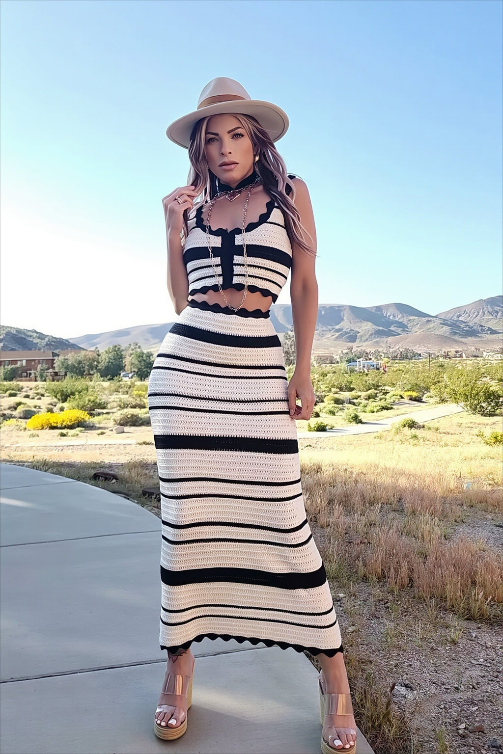 Striped Button Crop Top Maxi Skirt Two Piece Set