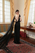 One Shoulder Cape Satin Split Maxi Dress