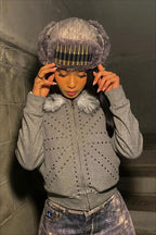 Y2K Studded Faux Fur Collar Zip Front Hoodie