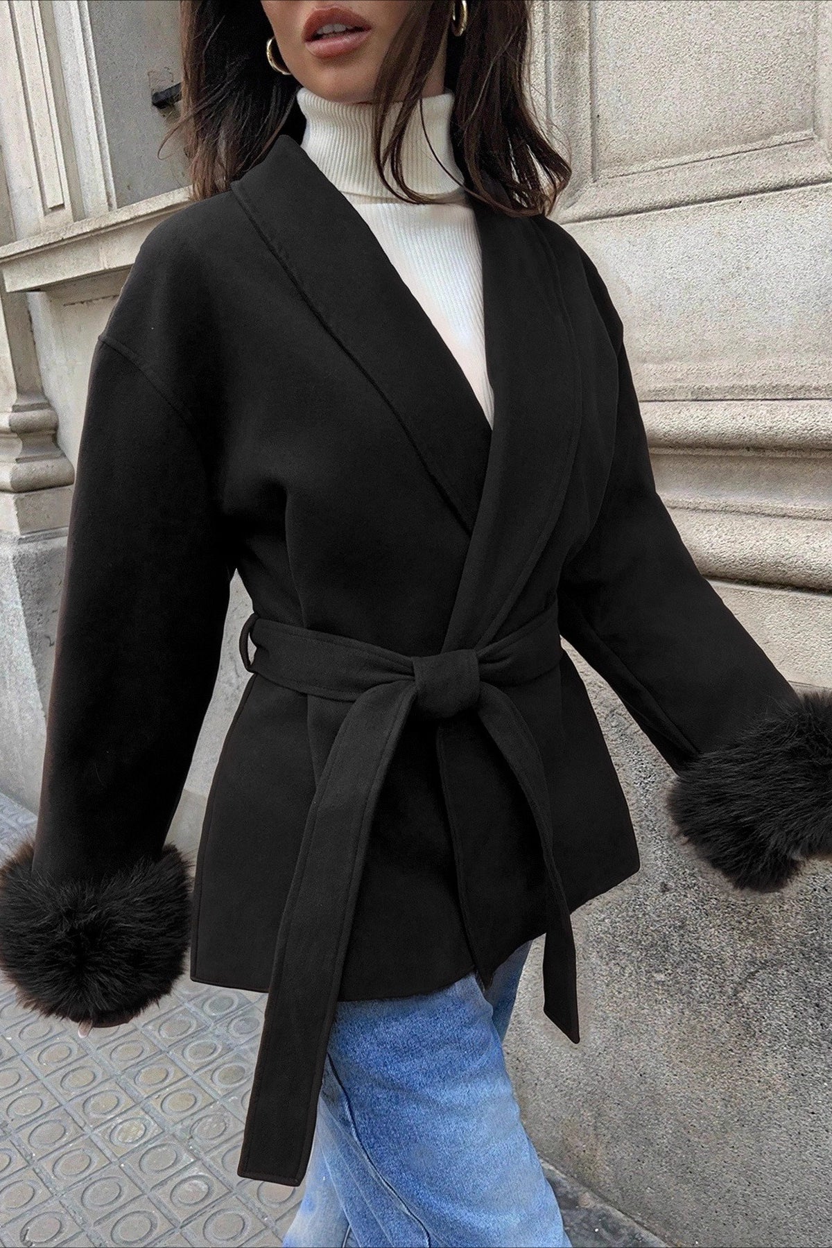 Wool Blend Faux Fur Cuff Belted Long Coat Secondary image