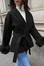 Wool Blend Faux Fur Cuff Belted Long Coat