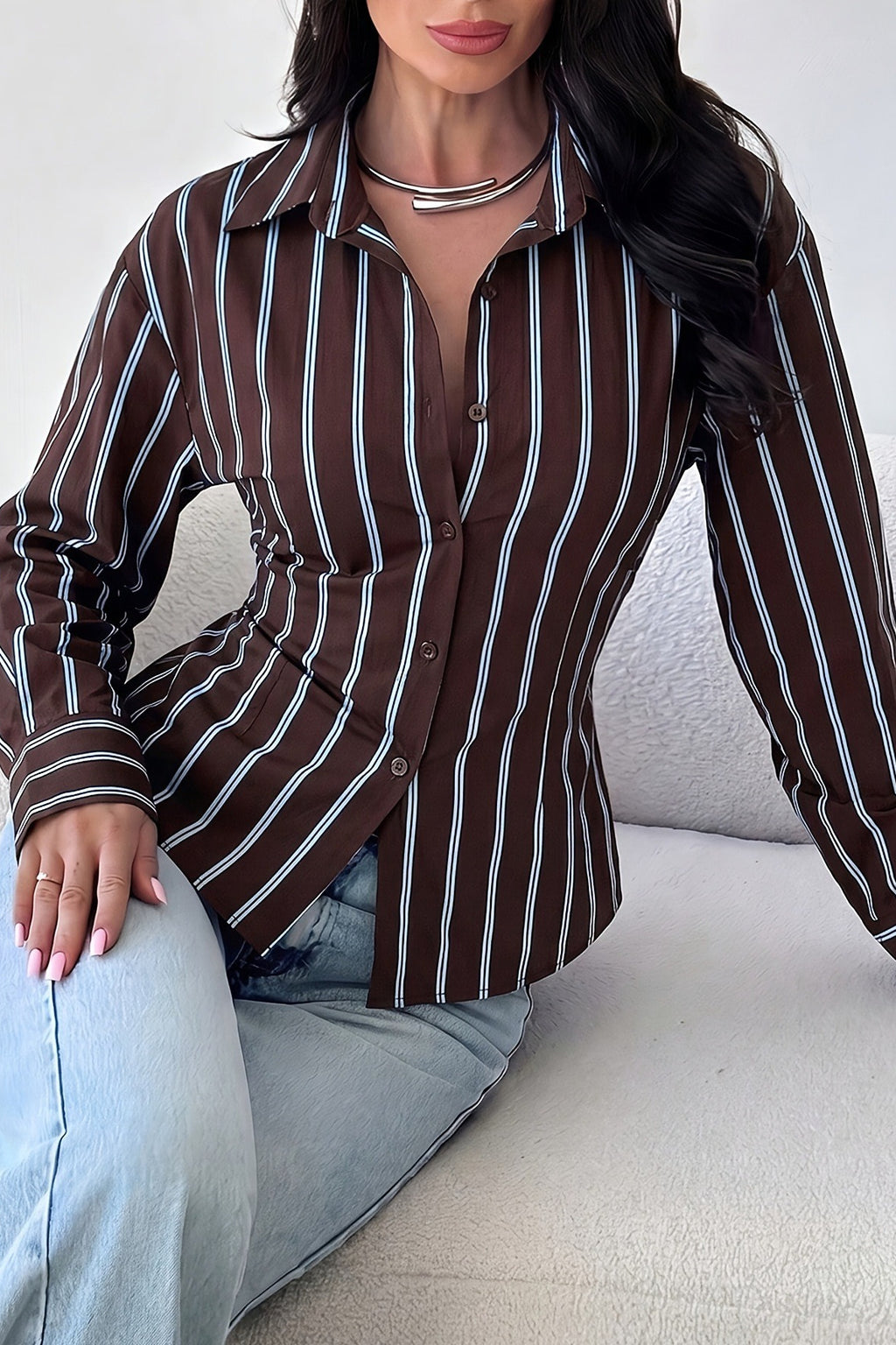 Vertical Stripe Fitted Long Sleeve Button Blouse
