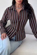 Vertical Stripe Fitted Long Sleeve Button Blouse