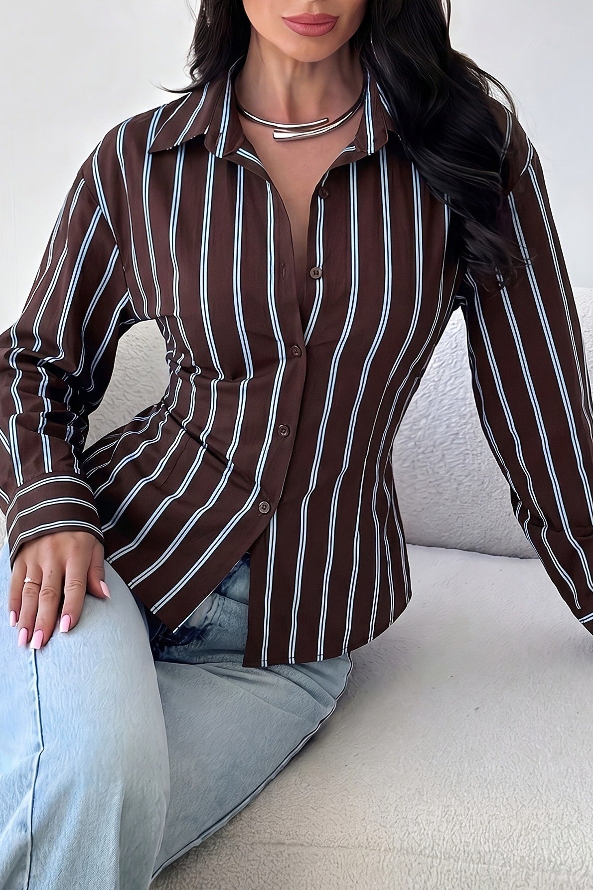 Vertical Stripe Fitted Long Sleeve Button Blouse