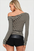 Asymmetric Shoulder Striped Long Sleeved T-shirts