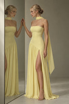 Strapless Scarf Detail Slit Maxi Dress