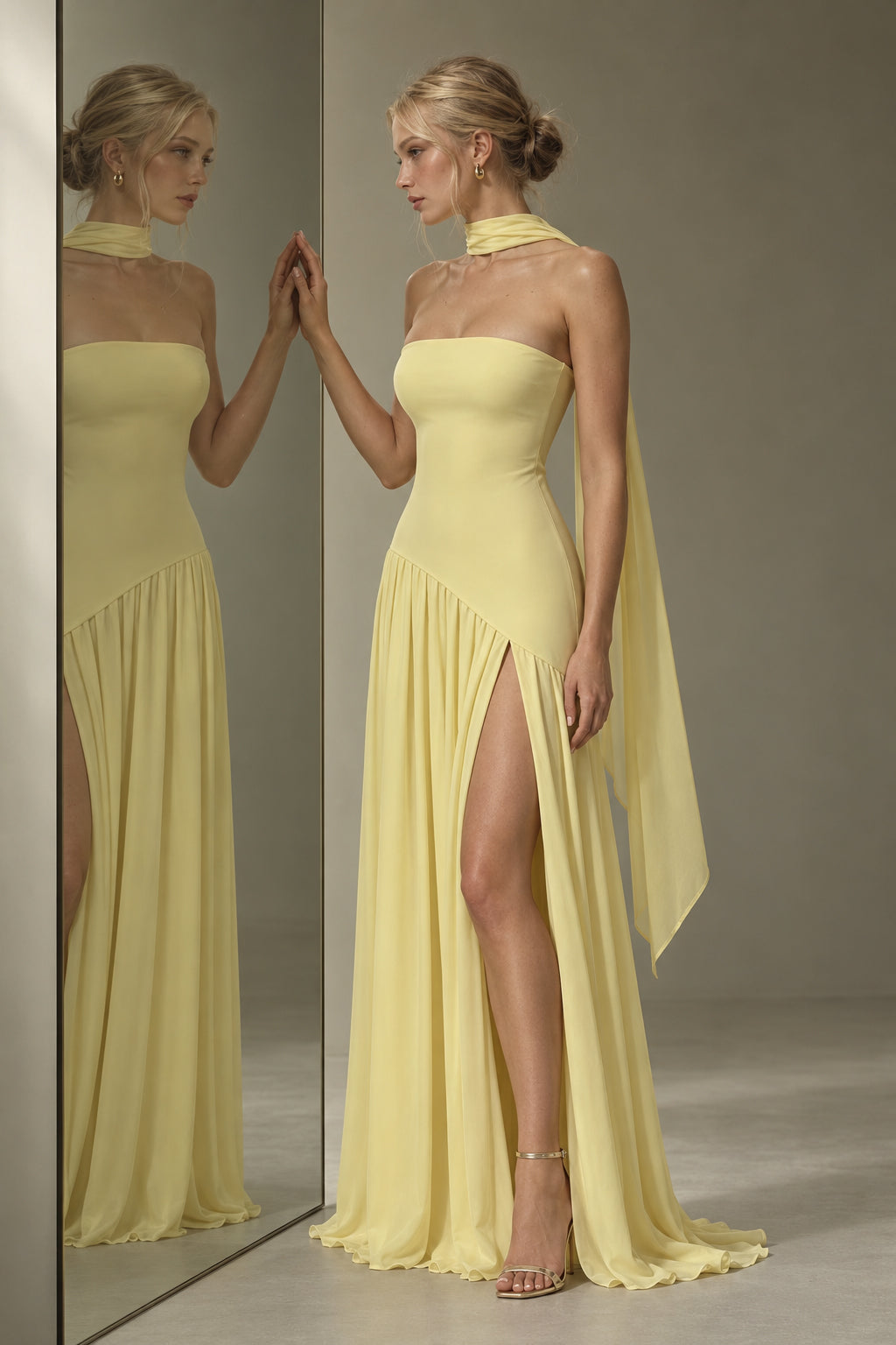 Strapless Scarf Detail Slit Maxi Dress
