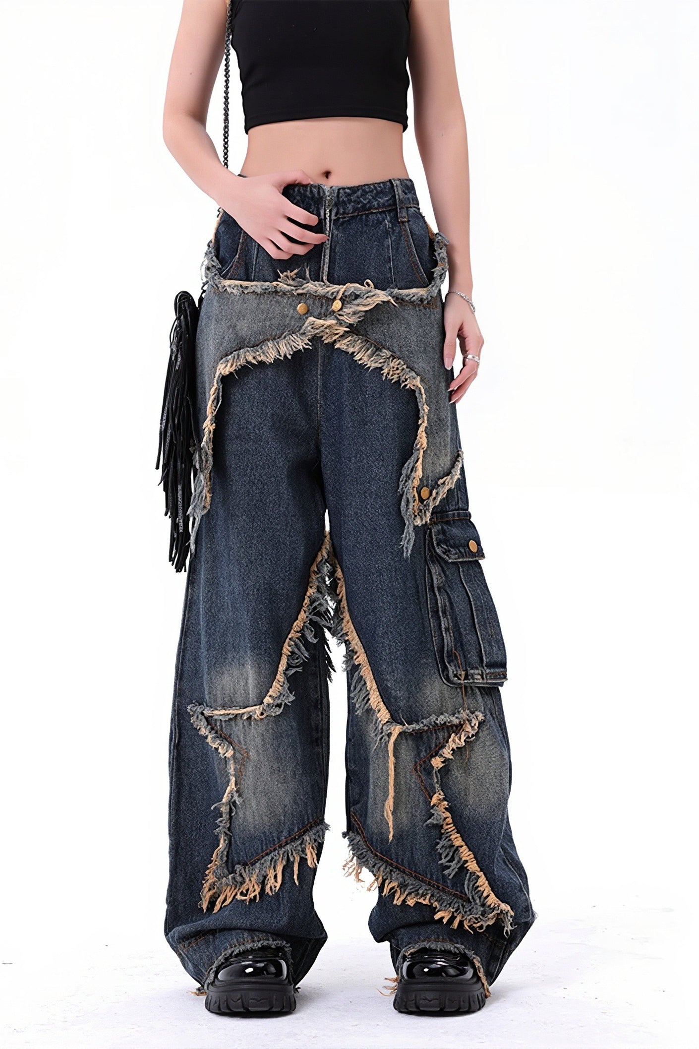 Studded Star Raw Hem Wide Leg Jeans Secondary image