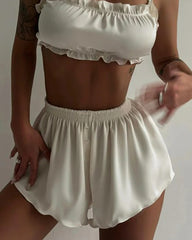 Silky Sleeveless Ruffles Camisole Top Two Piece Shorts Set