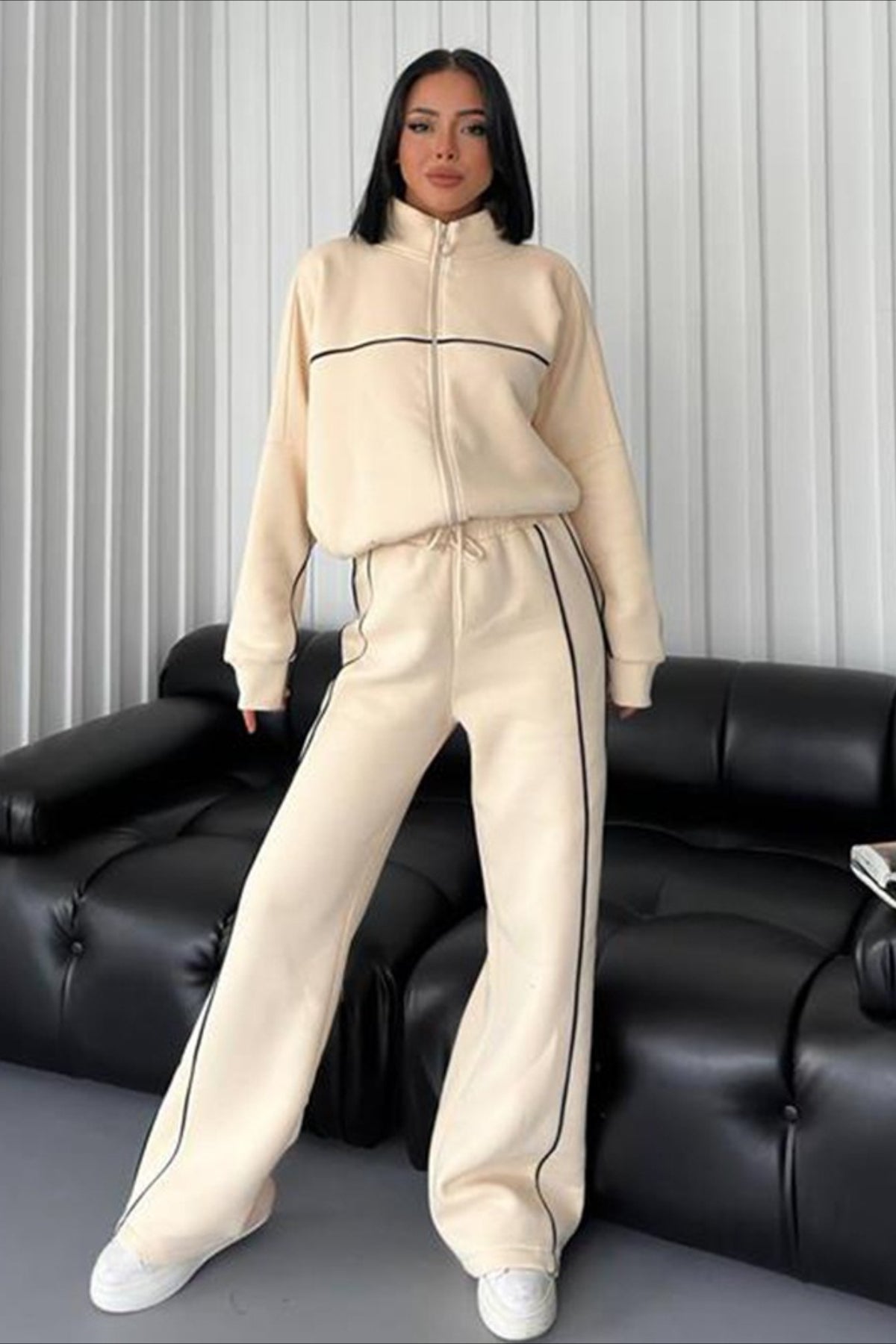 Mock Neck Zip Hoodie Stripe Pants Activewear Set Secondary image