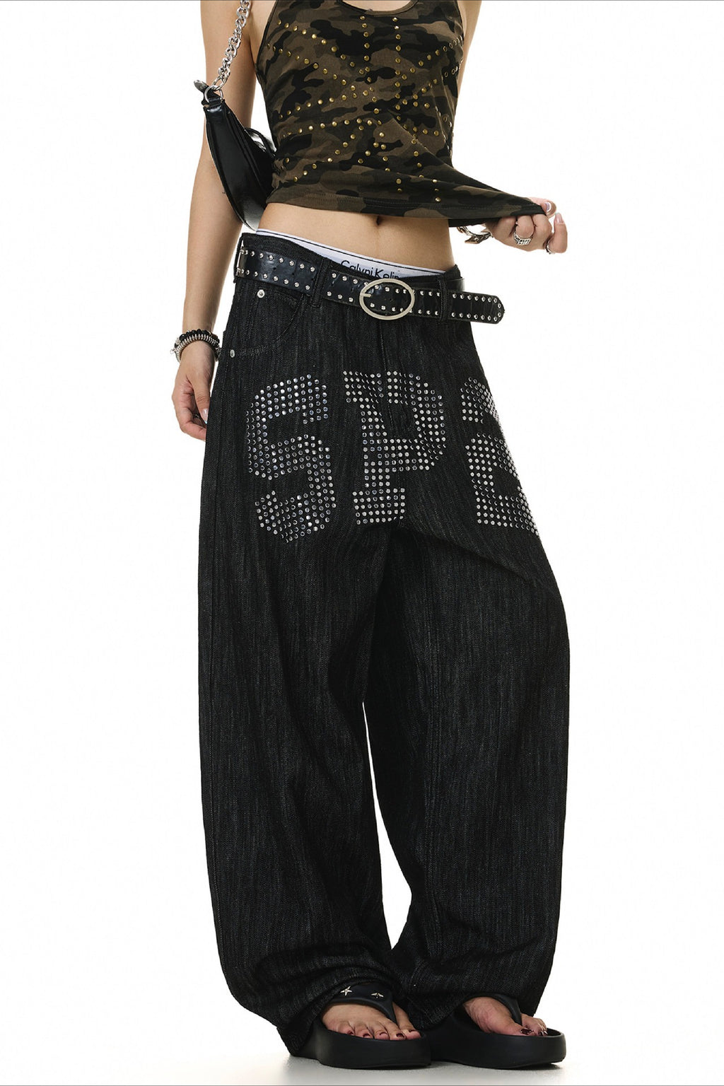 Rhinestone Letter Print Barrel Leg Jeans