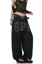 Rhinestone Letter Print Barrel Leg Jeans