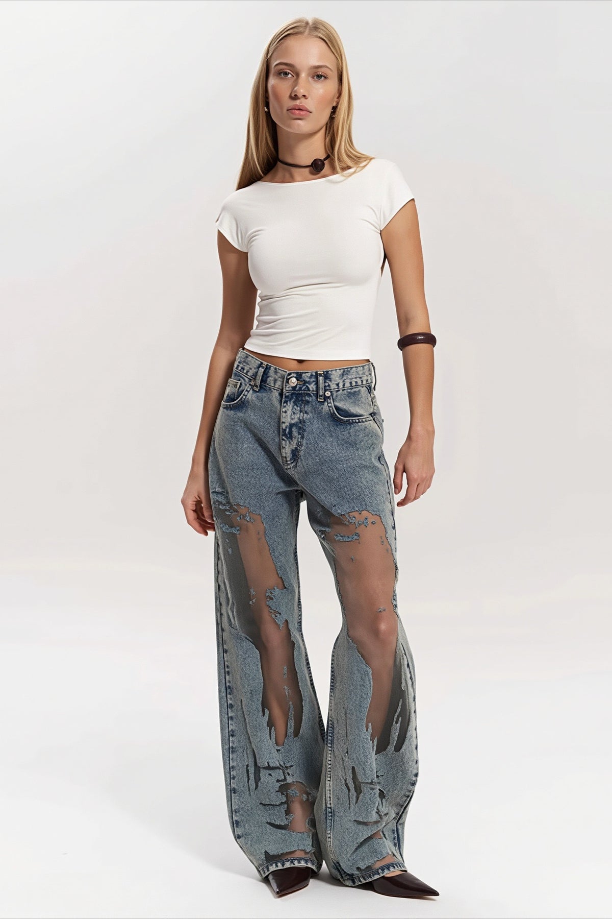 Mesh Panel Textured Y2K Wide Leg Jeans