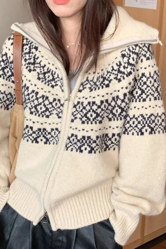 Ribbed Knit Fair Isle Zip Cardigan Main image