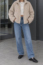 Solid Relaxed Shearling High Neck Jacket