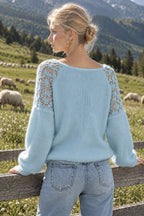 Lace Shoulder Fuzzy Relaxed Sweater