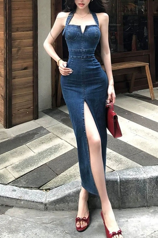 Halter Split Maxi Denim Dress Secondary image