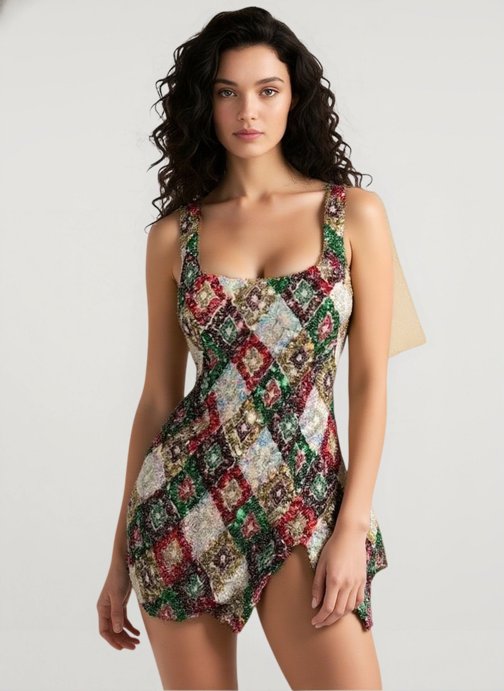 Chic Colorful Rhombus-Pattern Sequin Split Bodycon Sequin Dress Main image