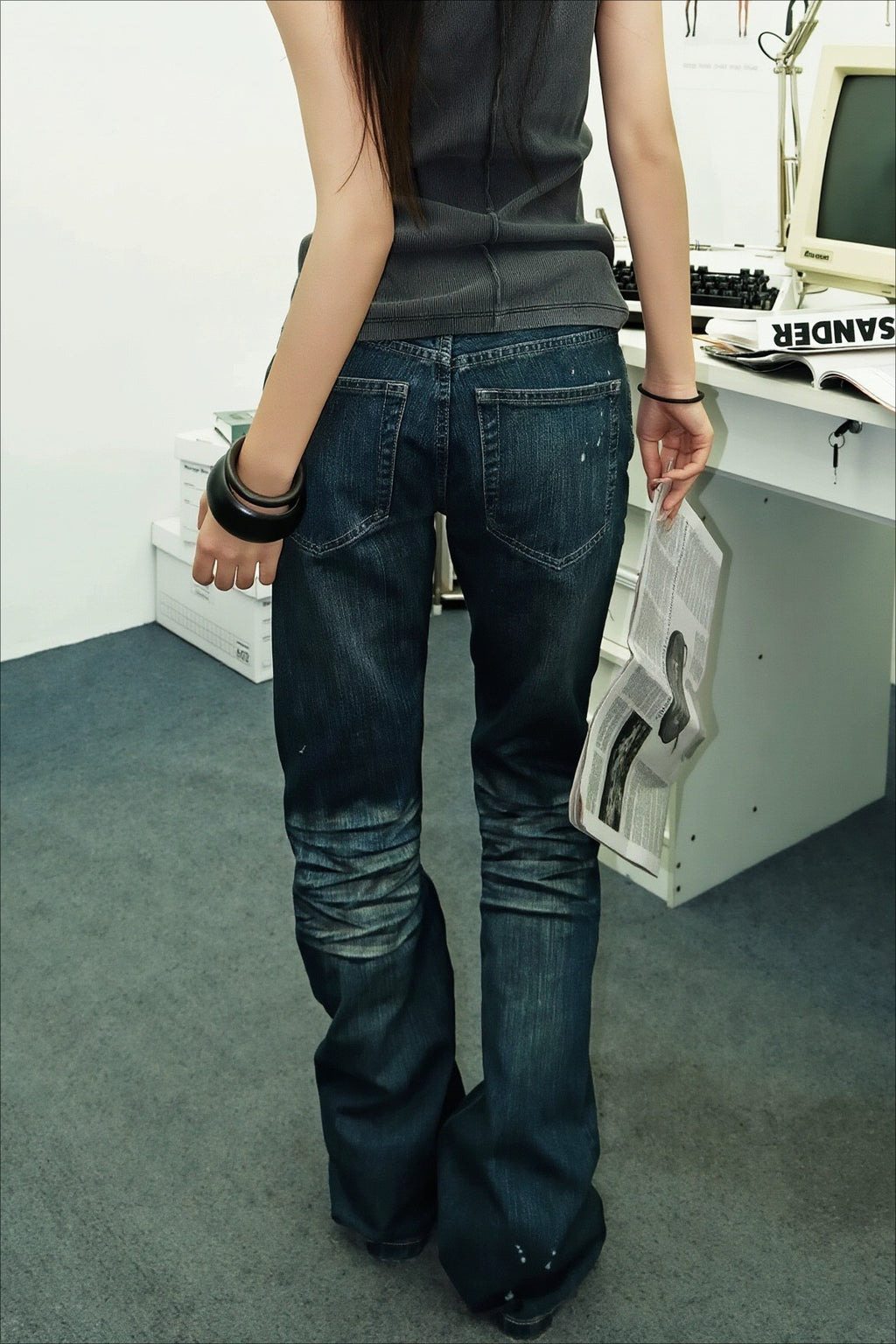 Whiskered Paint Splatter Washed Flare Jeans