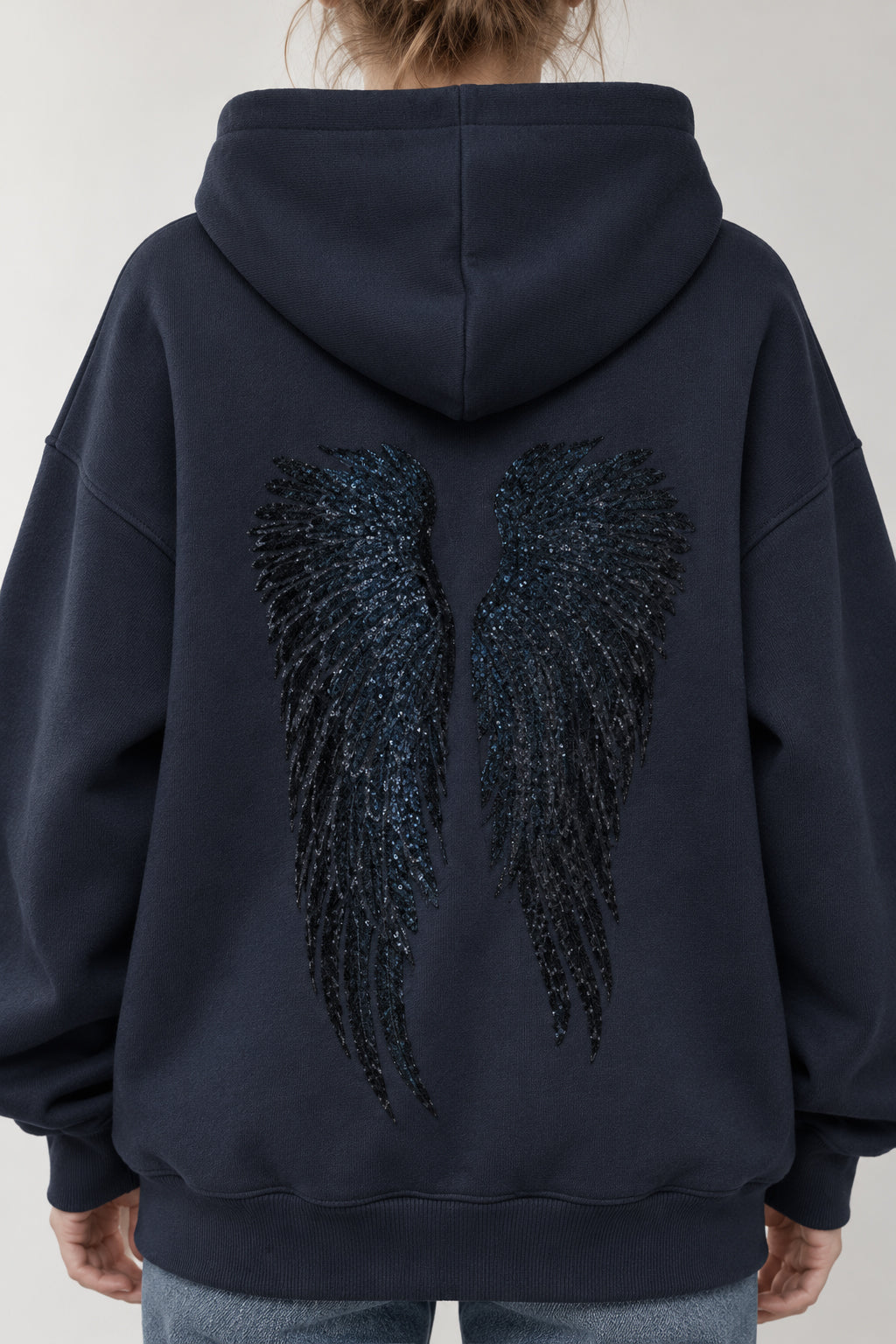 Solid Sequin Wing Graphic Relaxed Hoodie