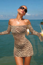 Zebra Print Off Shoulder Bell Sleeve Mini Dress