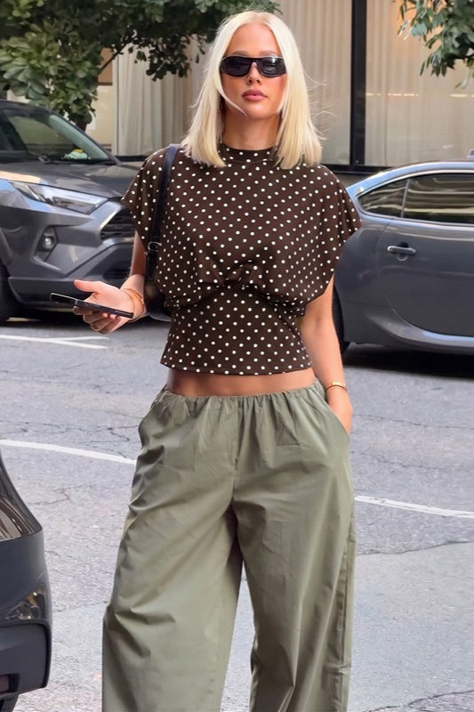 Polka Dot Waist Cinched Slim Crop Top