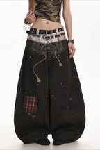 Layered Waist Graphic Print Baggy Jeans
