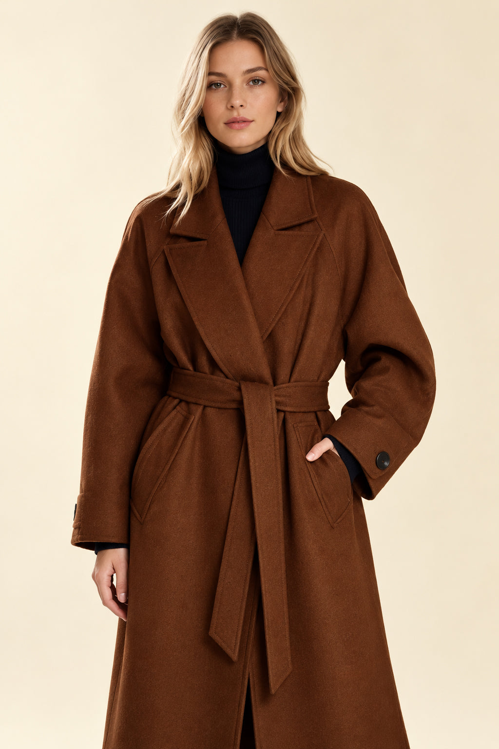 Retro Solid Woolen Coat Women Knee High Thick Turn-Down Overcoat