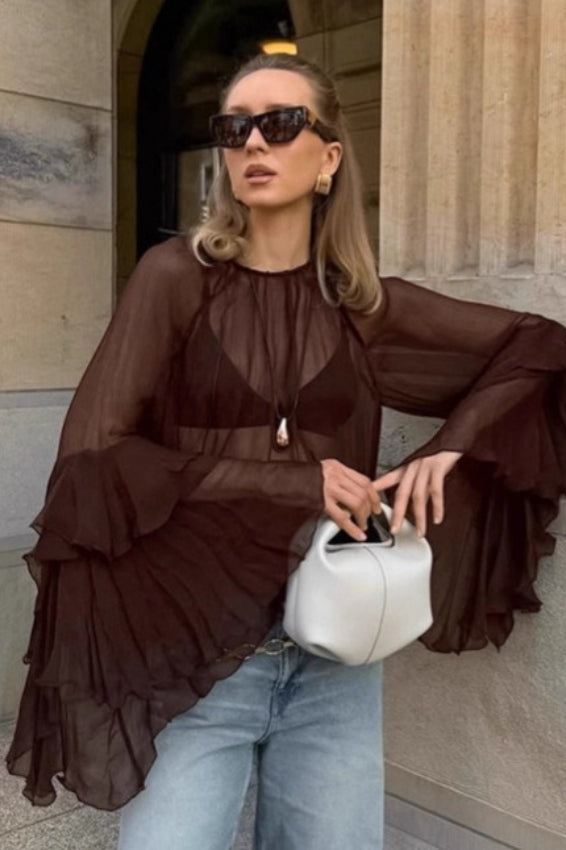 Sheer Retro Chiffon Flare Sleeve Long Sleeve Top Main image